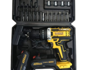 Dewalt 48V Cordless Drill set with accessories.