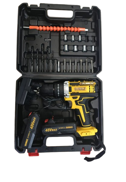 Dewalt 48V Cordless Drill set with accessories.